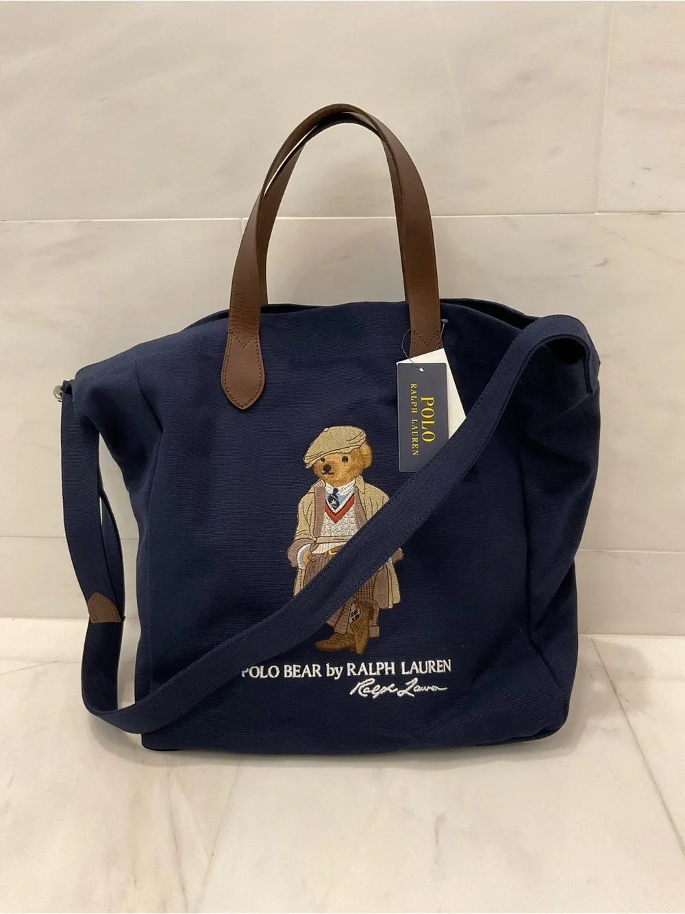 Polo Ralph Lauren Navy Blue HERITAGE BEAR Canvas Embroidered SHOPPER Tote Bag
